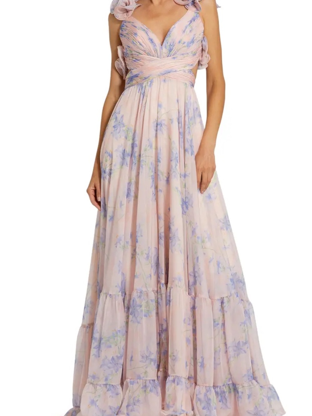 Mac Duggal Ruffle-Sleeve V-Neck Tiered Chiffon Maxi Dress - Picture 3 of 5
